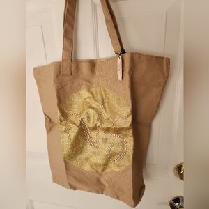 Victoria's Secret Tan Tote with Gold Glitter Design